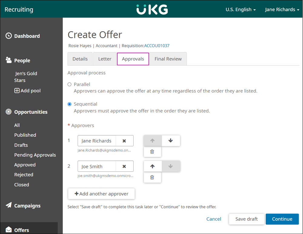 Create Offer page, Approvals Tab. Image displays radio buttons to select the Parallel or Sequential approval process. It also includes the option to add one or more approvers. 