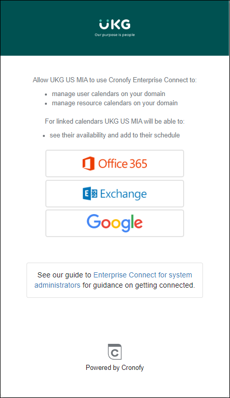 The first screen of the authorization dialog box for Cronofy. Buttons are shown for Office 365, Exchange, and Google.