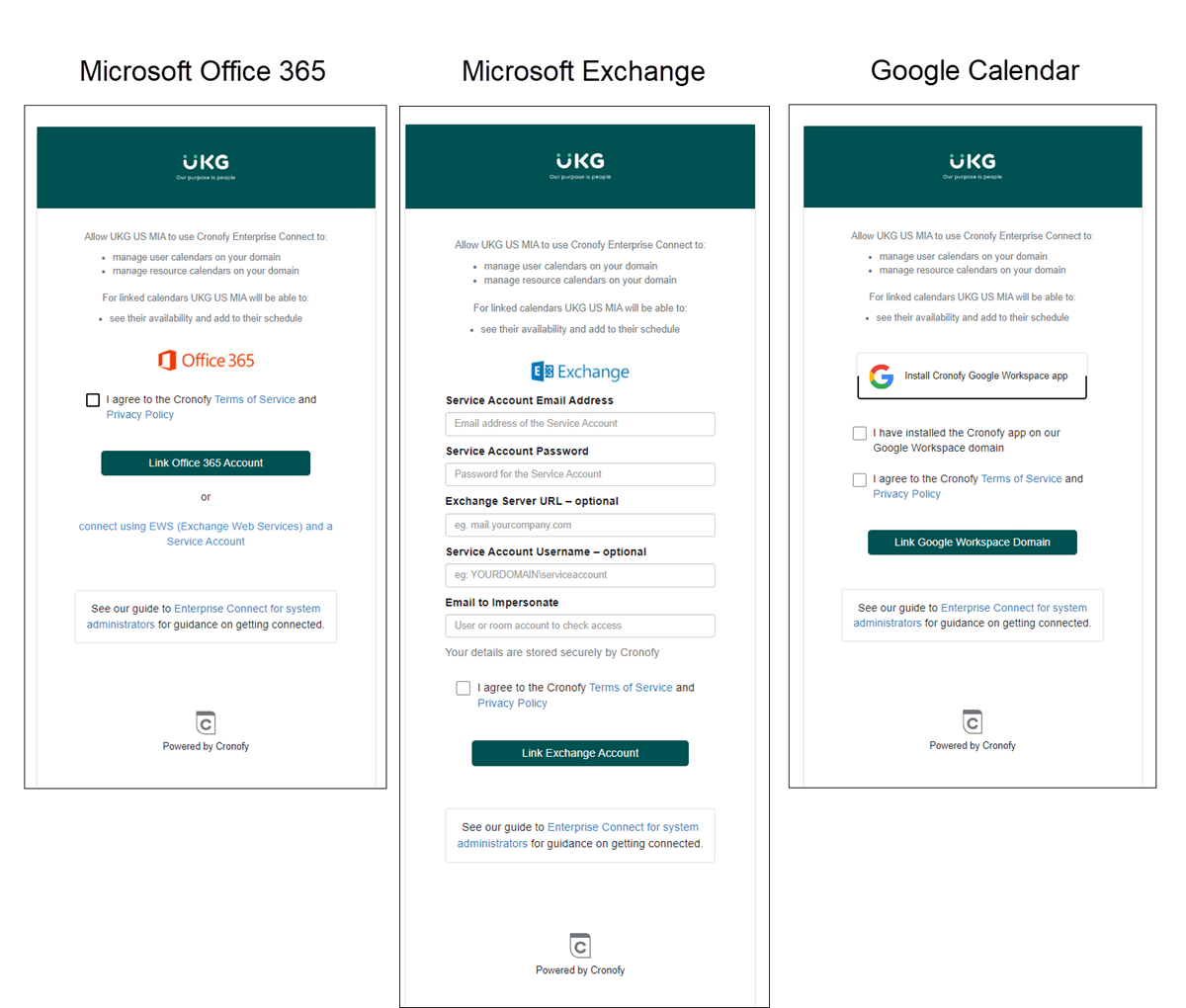 Connecting Cronofy to Office 365, you are presented with a checkbox to accept the terms, and a button to Link Office 365 Account. Connecting Cronofy to Microsoft Exchange, you are presented with text entry fields to specify account and server information, a checkbox to accept the terms, and a button to Link Exchange Account. Connecting Cronofy to Google, you are presented with a button to Install the Cronofy G-Suite App, a checkbox to confirm that you have installed the app, a checkbox to accept the terms, and a button to Link GSuite Domain.