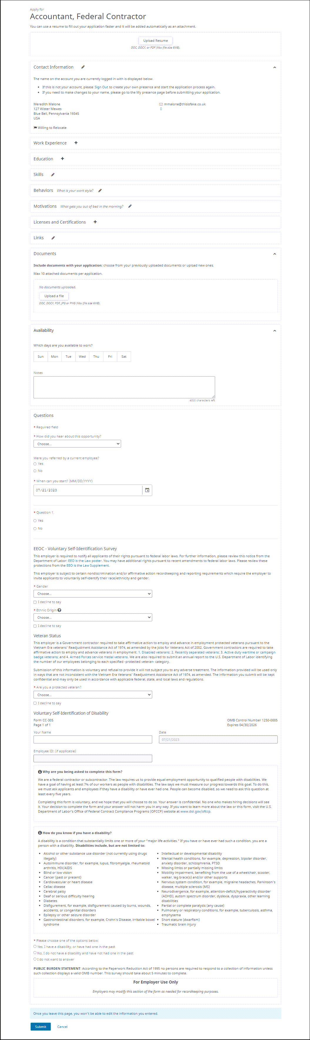 Application Accountant. Image includes Upload Resume button, fields for Contact Information, Work Experience, Education, Skills, Behaviors, Motivations, License and Certifications, and Links, and an Upload a File button. Image also includes three standard questions: How did you hear about this opportunity, Were you referred by a current employee, and When can you start? Image also includes two screening questions configured during opportunity creation, and Submit and Cancel buttons.