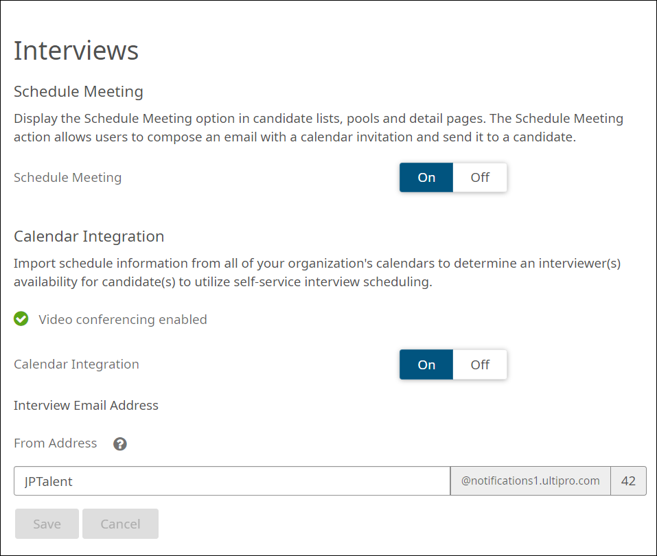 The Interviews settings page includes a Schedule Meeting on/off switch, a Calendar Integration on/off switch, and an Interview Email Address text entry field. In this instance, video conferencing is active, as demonstrated by the green checkmark icon and the text "Video conferencing enabled." The server and domain part of the email address are read-only, showing "@notifications1.ultipro.com". The text field allows you to customize the part before the "@".