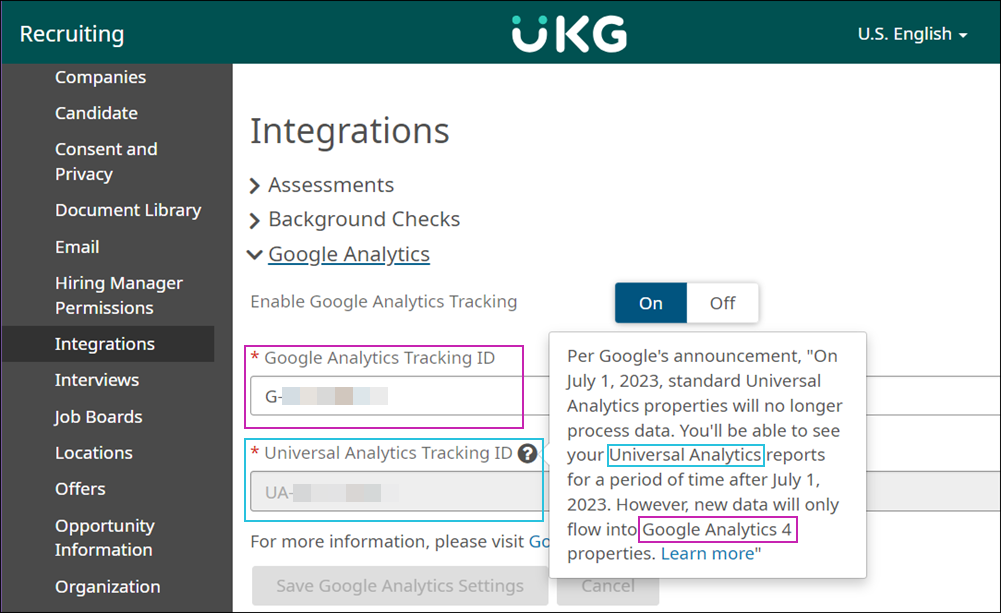 The Google Analytics section of the Settings > Integrations page is expanded. The box for the new Google Analytics Tracking ID is highlighted in pink. The box for the old Universal Analytics Tracking ID, which is grayed out, is highlighted in blue. An information box reads "Per Google's announcement, 'On July 1, 2023, standard Universal Analytics properties will no longer process data. You'll be able to see your Universal Analytics reports for a period of time after July 1, 2023. However, new data will only flow into Google Analytics 4 properties.'" In this text box, Universal Analytics is highlighted in blue and Google Analytics in 4 is highlighted in pink to match the called out boxes on the screen shot.