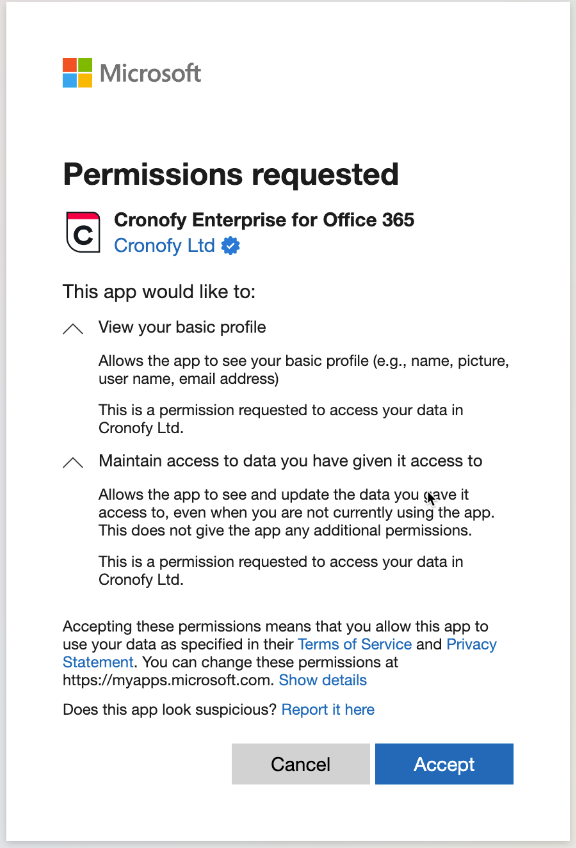 A window requesting permissions for Cronofy to connect to Office 365 to View your basic profile and maintain access to data you have given it access to.