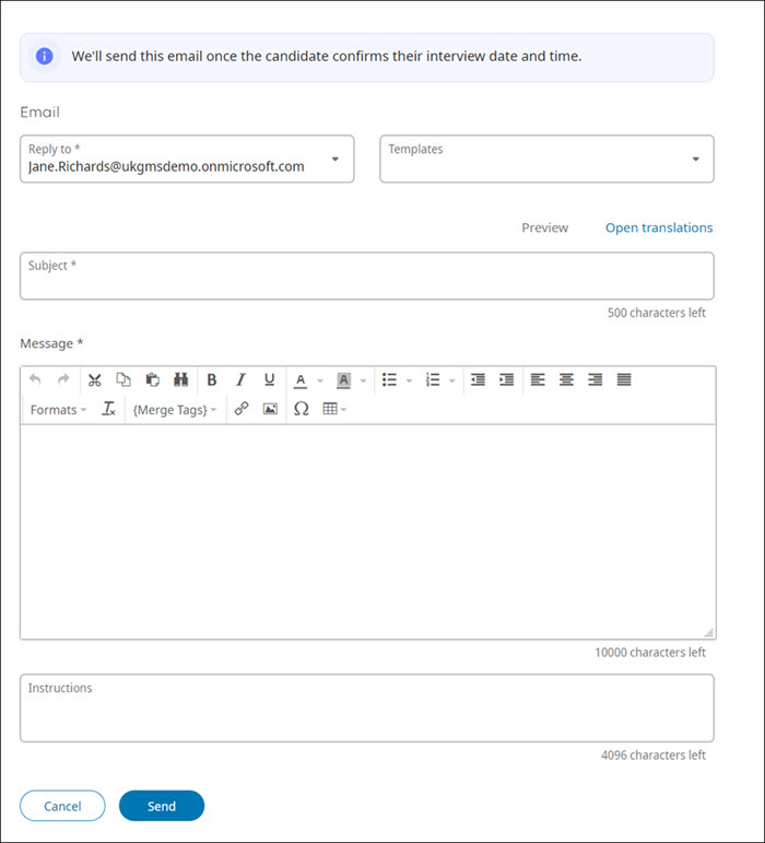 The email editor in the Schedule Interview page. It includes the Reply To selector, the Subject text box, the Message text box with formatting options, and the Instructions text box.