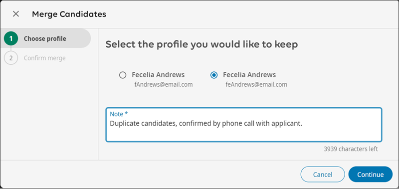 The first pane of the pop up window asking you to select the profile you would like to keep using a radio button and requiring you to enter a note about the merge.