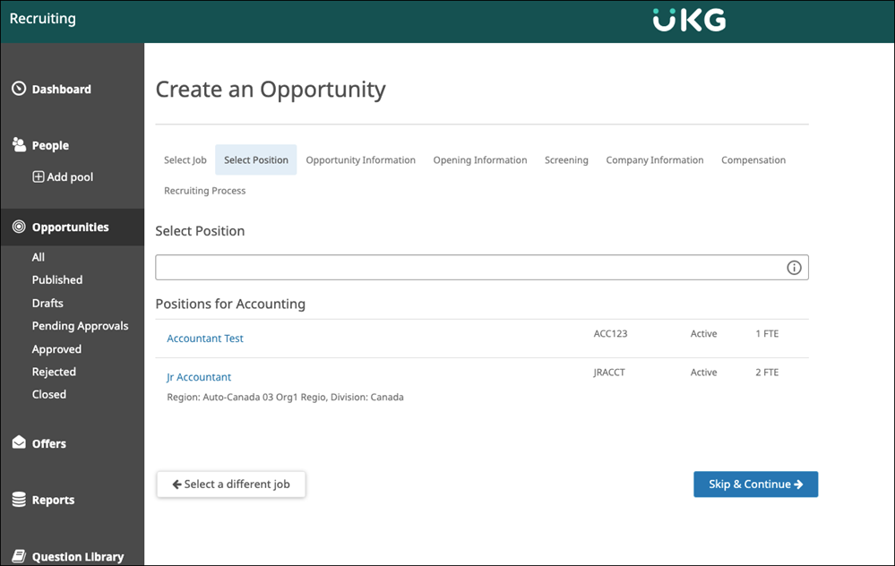 The Select Position tab. Positions available to be associated to a Job are listed here. There are buttons to Select a different job and to Skip & Continue at the end of the page.