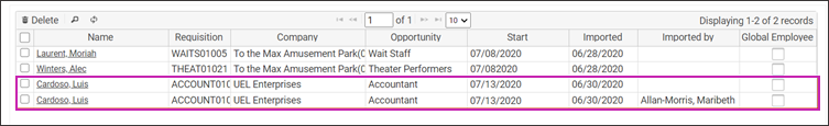 Process Hires page. Image shows a table with the following columns: Name, Requisition, Company, Opportunity, Start, Imported, Imported By, Global Employee. There are two rows. For the first row, the Imported By column is blank. For the second row, the Imported By column displays the Onboarding Owner's name.