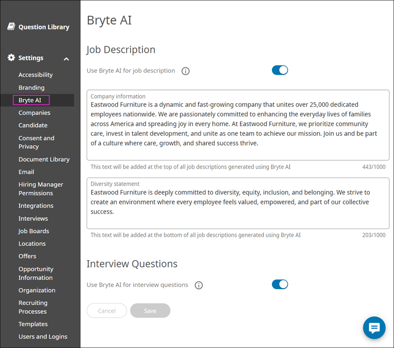 The Bryte AI section of Recruiting Settings is shown. The Use Bryte AI for Job Description option is on. Example text has been entered in the Company Information and Diversity Statement text fields. The Use Bryte AI for Interview Questions option is on.