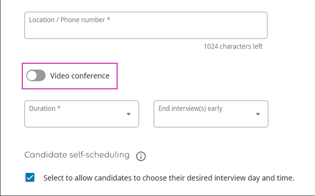 A section of the Interview scheduling form with the Video conference toggle called out by a pink box.