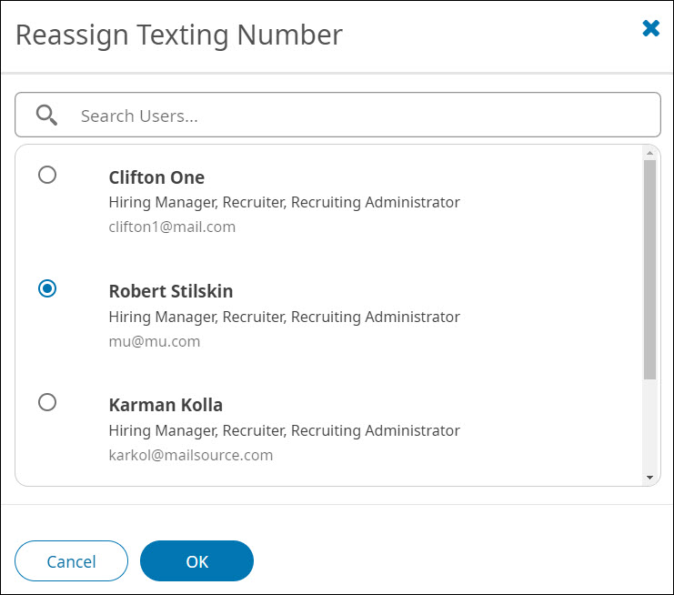 The Reassign Texting Number popup window, listing available users to whom a number can be reassigned, each with a radio button by their name.