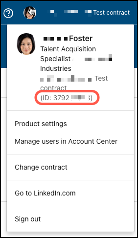 LinkedIn profile information with the contract ID highlighted.