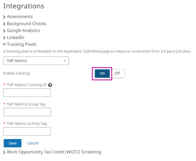 TMP pixel tracking configuration fields