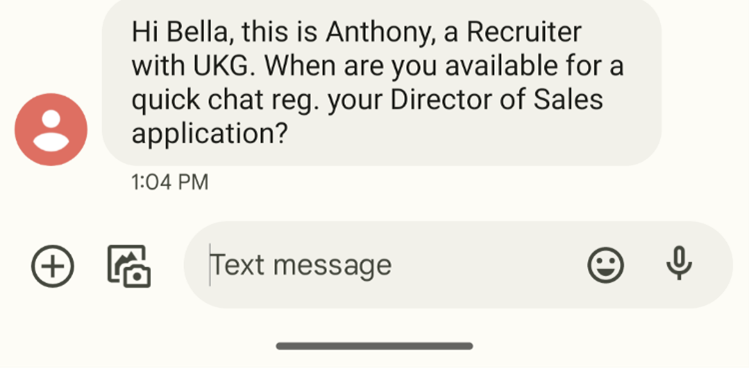 A text with an introduction identifying the recruiter, the candidate and the position applied for.