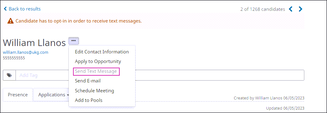 A Candidate's Details page. There is a warning at the top that the candidate has to opt-in in order to receive text messages. The Send Text Message option under the action button is unavailable.